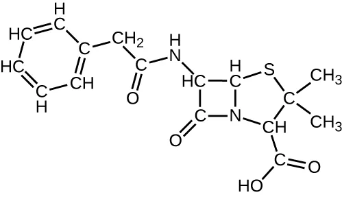 A complex chemical figure begins with a ring of Cs; each C is double bonded to one other C.  Off this ring is a CH2, then a C with a double bonded O, then an NH, then a C in a square. This square has Cs in 3 corners and an N in the fourth. The top left C is attached to the previous components discussed here, the bottom left C is double bonded to an O. The top right C is bound to an S, which is bound to a C, which is bound to a CH, which is bound to the N in the square. Back to the C that is attached to the S – this C is bound to two CH3s. The C attached to the N is bound to a C that is double bonded to an O and bound to an OH.