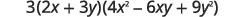 A mathematical expression showing the factorization 3(2x + 3y)(4x^2 - 6xy + 9y^2), which simplifies to 3(8x^3 + 27y^3).