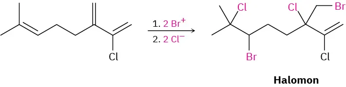 A reaction shows 2-chloro-3-ethylidene-7-methyloct-1,6-diene reacts with two bromine cations and two chloride anions to form Halomon.