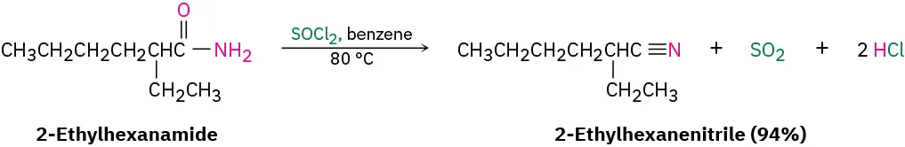The  reaction of 2-ethylhexanamide with thionyl chloride in benzene at 80 degrees Celsius forms 2-ethylhexanenitrile (94 percent yield), sulfur dioxide, and two equivalents of hydrogen chloride.