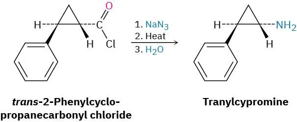 trans-2-Phenylcyclopropanecarbonyl chloride reacts with sodium azide, then heat, and finally with water to form tranylcypromine.