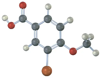 A ball-and-stick model of a benzene ring with a carboxyl group, a bromine meta to the carboxyl, and a methoxy group para to the carboxyl.