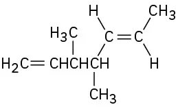 A double bond with H (up) and 3-methyl-1-pentene connected by C 4 (down) substituents on the left and methyl (up) and hydrogen (down) substituents on the right.