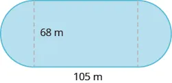 A blue geometric shape is shown. It looks like a rectangle with a semi-circle attached to each side. The base of the rectangle is labeled 105 m. The height of the rectangle and diameter of the circle on the left is labeled 68 m.