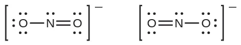Se muestran dos estructuras de Lewis. La estructura de la izquierda muestra un átomo de oxígeno con tres pares solitarios de electrones unido con enlace simple a un átomo de nitrógeno con un par solitario de electrones unido con doble enlace a un oxígeno con dos pares solitarios de electrones. La estructura está entre corchetes y lleva un signo negativo en superíndice. La estructura de la derecha muestra un átomo de oxígeno con dos pares solitarios de electrones unido con doble enlace a un átomo de nitrógeno con un par solitario de electrones que está unido con enlace simple a un átomo de oxígeno con tres pares solitarios de electrones. La estructura está entre corchetes y lleva un signo negativo en superíndice.