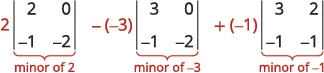 Calculation of a 3x3 matrix determinant using cofactor expansion, with minors of 2, -3, and -1 explicitly shown.