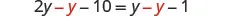 A mathematical equation is displayed with some terms in red: '2y - y - 10 = y - y - 1'.