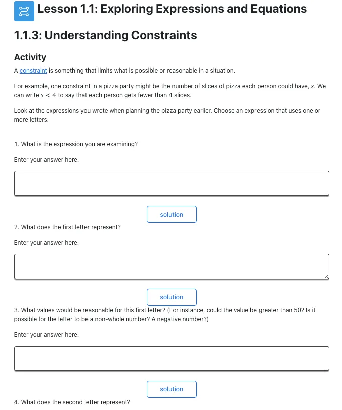 A screenshot from the curriculum showing a student activity with a list of questions that require more abstract, algebraic thinking.