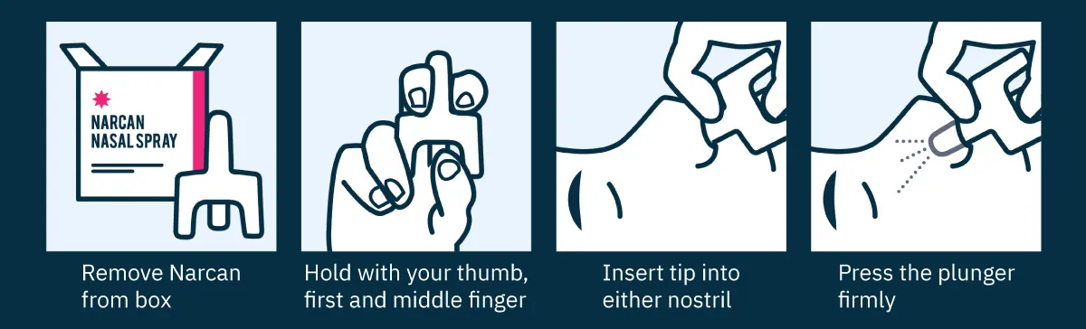 A step-by-step illustrated diagram showing how to administer nasal naxolone. Steps are “remove Narcan from box,” “hold with your thumb, first and middle finger,” “insert tip into either nostril,” and “press the plunger firmly.”