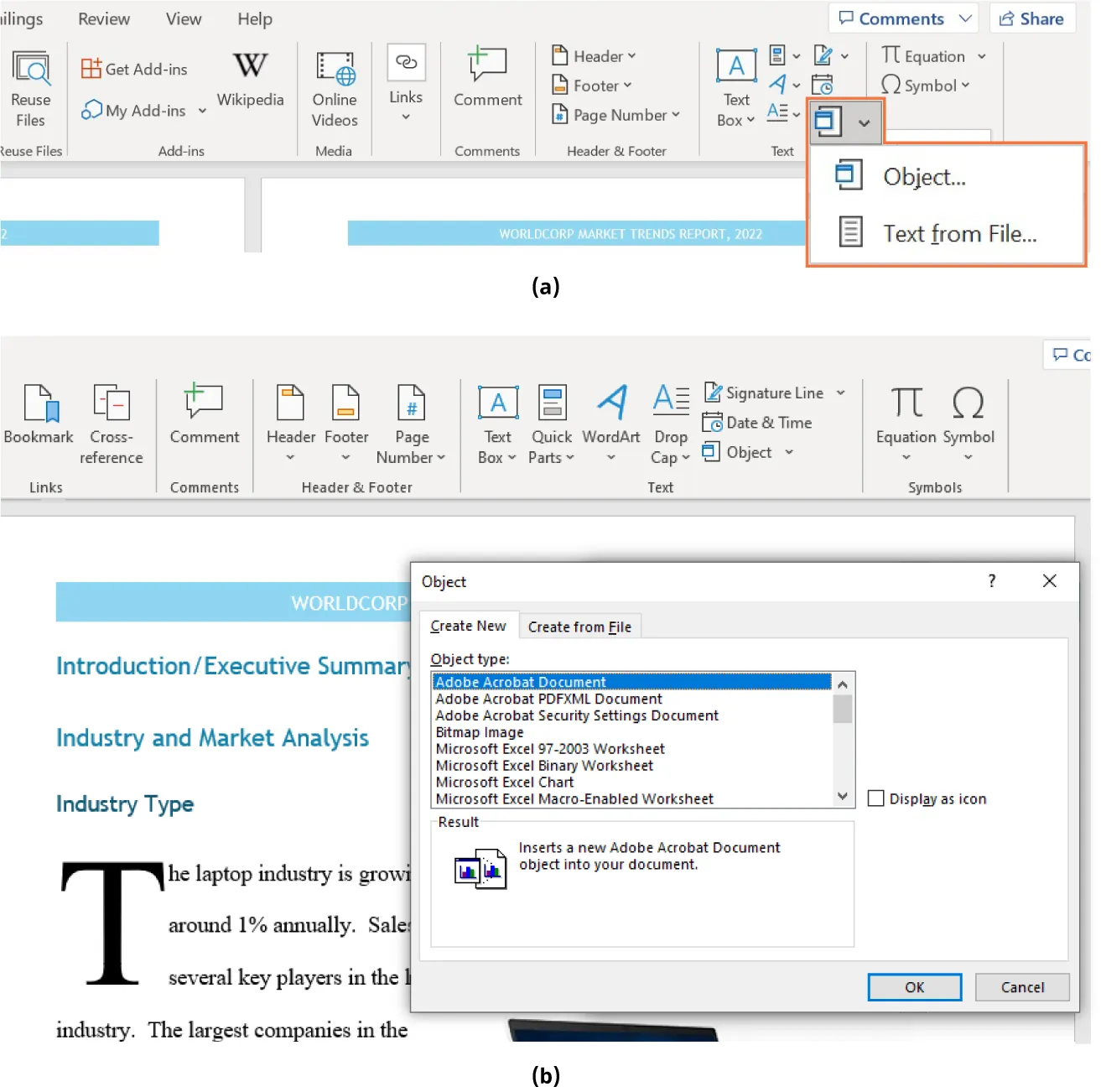 (a) Object is selected and lists Object and Text from File options. (b) Object window is open with Create New tab selected. Options for Object Type available. Result pane is at bottom.