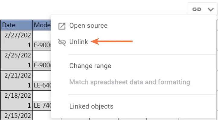 All of the information in a spreadsheet is selected. Unlink is selected in an option window.