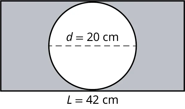 A circle is enclosed within a rectangle. The length of the rectangle is marked L equals 42 centimeters. The diameter of the circle is marked 20 centimeters. The circle touches the top and bottom sides of the rectangle.