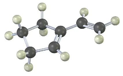 The ball-and-stick model has a cyclopentene ring. C 1 is bonded to an ethene group.