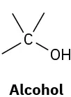 Alcohol has a carbon atom with three open single bonds bonded to a hydroxyl group.