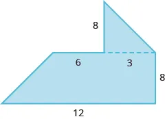A geometric shape is shown. It is a trapezoid with a triangle attached to the top on the right side.  The height of the trapezoid is labeled 8, the bottom base is labeled 12, and the top is labeled 9. The height of the triangle is labeled 8.