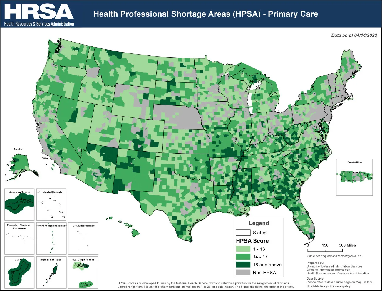Map of the United States showing areas with a shortage of health professionals.