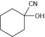 The structure of 1-cyano-1-hydroxycyclohexane. The first carbon of the cyclohexane ring is single-bonded to O H and C N groups.