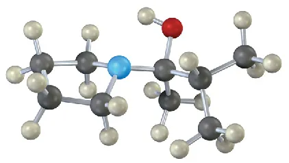 The ball-and-stick model shows a cyclopentane ring with nitrogen atom attached to three-carbon chain with hydroxyl and methyl group on the first carbon, and methyl group on the second carbon.