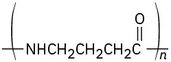 The structure of a polymer comprising N H connected to three methylene units that is linked to a carbonyl. The structure is inside the parentheses and has a subscript n.