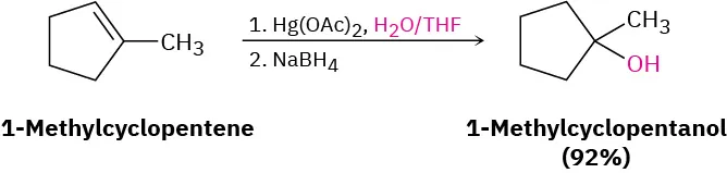 A reaction shows 1-methylcyclopentene reacting with mercury (II) acetate, water in tetrahydrofuran and sodium borohydride to form 1-methylcyclopentanol with 92 percent yield.