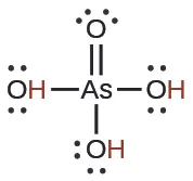 Lewis structure of arsenic acid (H3AsO4) showing the central arsenic atom bonded to one oxygen with a double bond and three hydroxyl groups, with lone pairs on oxygen atoms.