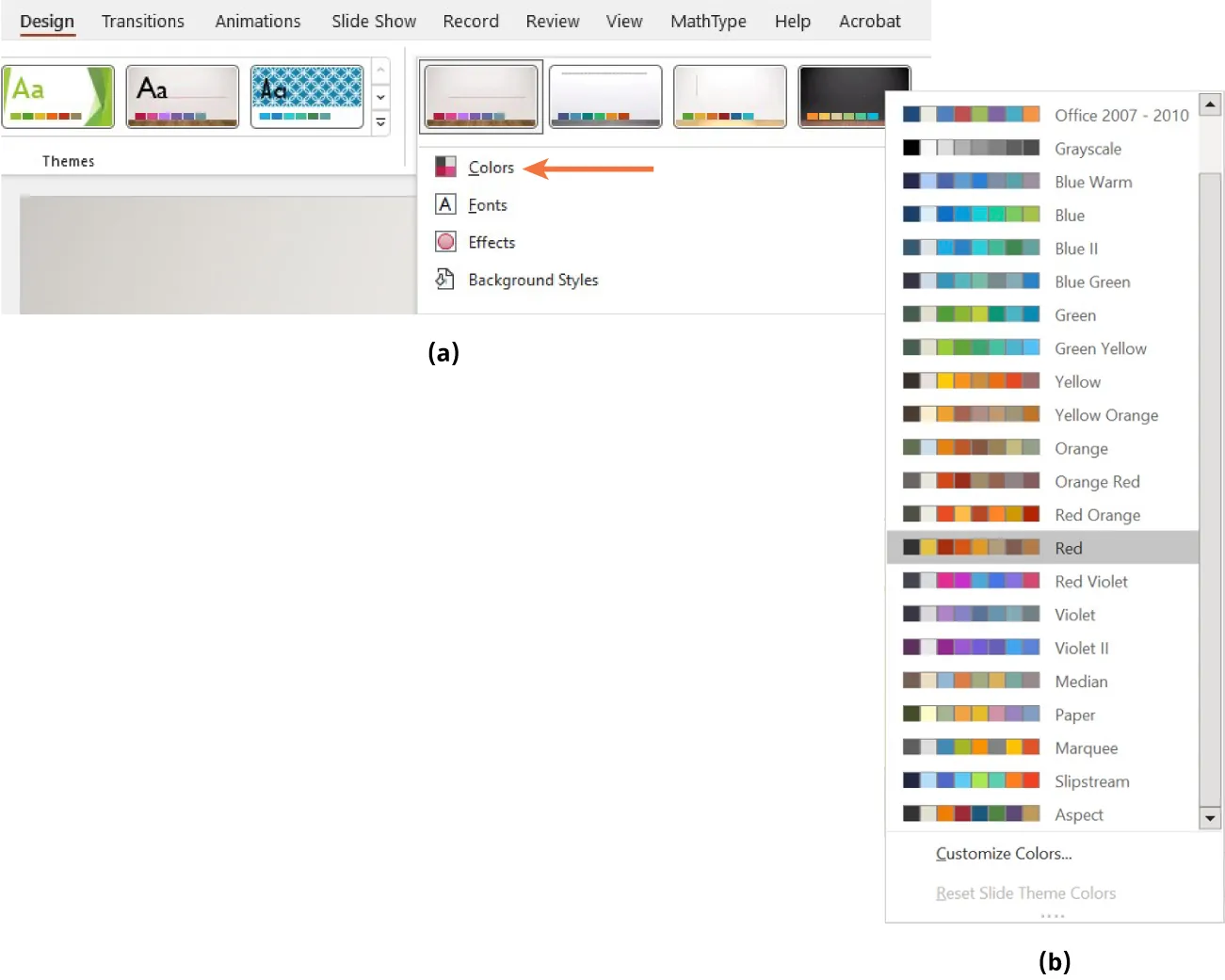 A PowerPoint screen is open to the Design tab. There is an arrow pointing to the open Colors option and an additional window indicating the various colors that could be used.