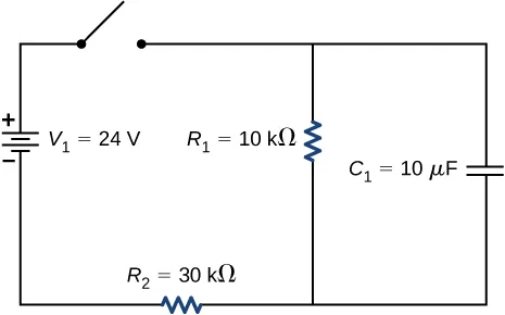 El terminal positivo de la fuente de voltaje V subíndice 1 de 24 V está conectado a un interruptor abierto. El otro extremo del interruptor se conecta a dos ramas paralelas, una con resistor R subíndice 1 de 10 kΩ y otra con condensador C de 10 μF. Las dos ramas se conectan a la fuente V subíndice 1 a través del resistor R subíndice 2 de 30 kΩ.