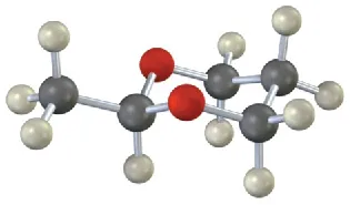 A ball-and-stick model of a six-membered ring with two oxygen members, spaced with one carbon between them. That carbon has a methyl substituent.