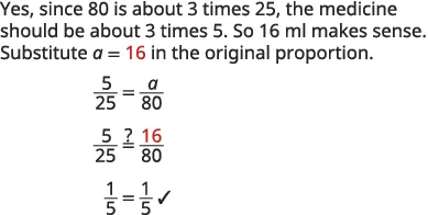 Verifying a proportion solution: 'a=16' is substituted into 5/25 = a/80, simplifying to 1/5 = 1/5, confirming the estimate of 16ml.
