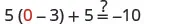 A mathematical equation is displayed, showing '5(0 - 3) + 5' on the left side, an equals sign with a question mark above it, and '-10' on the right side.
