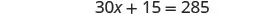 A mathematical equation is displayed on a white background, which reads '30x + 15 = 285'.