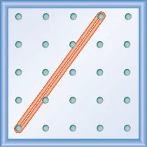 The figure shows a grid of evenly spaced pegs. There are 5 columns and 5 rows of pegs. A rubber band is stretched between the peg in column 1, row 5 and the peg in column 4, row 1, forming a line.