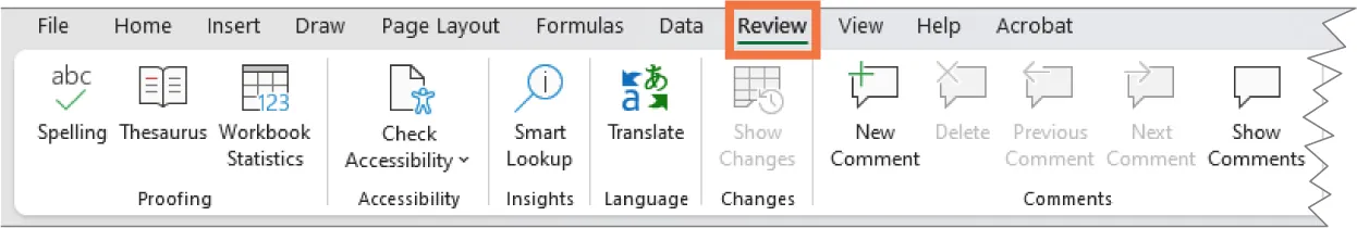 Excel Review tab command groups: Proofing (Spelling, Thesaurus, Workbook Statistics), Accessibility (Check Accessibility), Insights (Smart Lookup), Language (Translate), Changes (Show Changes), Comments (New Comment, Delete, Previous Comment, Next Comment, Show Comments).