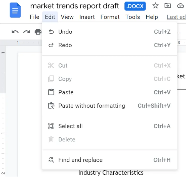 Google Doc titled market trends report draft.DOCX is open; Edit tab is selected. The drop-down pane includes Undo, Redo, Cut, Copy, Paste, Paste without formatting, Select all, Delete, and Find and replace.