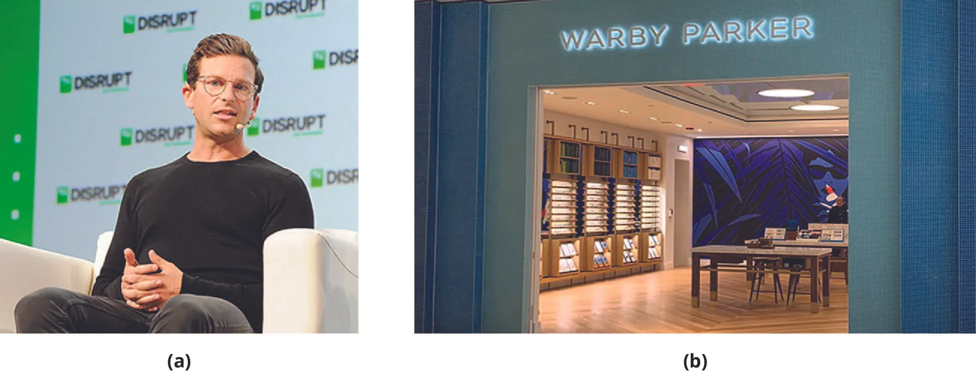 (a) Photo of Dave Gilboa. (b) Photo of a Warby Parker retail store.