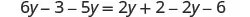 A mathematical equation is displayed on a white background. The equation reads: 6y - 3 - 5y = 2y + 2 - 2y - 6.