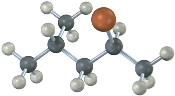 The figure shows the ball-and-stick model of bromo alkane. The gray, black, and red spheres represent hydrogen, carbon, and bromine, respectively.