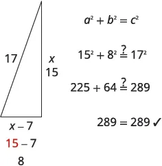 This image illustrates the Pythagorean theorem in action with a right triangle. The sides 8, 15, and 17 form a Pythagorean triple, as 8^2 + 15^2 = 64 + 225 = 289, which equals 17^2.