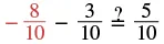 A mathematical equation shows '-8/10 - 3/10' on the left, an equals sign with a question mark above it in the middle, and '5/10' on the right. The first fraction's numerator and denominator are red.