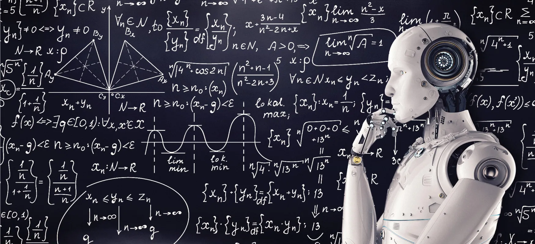 Image of robot thinking with mathematical problems on a board behind them.