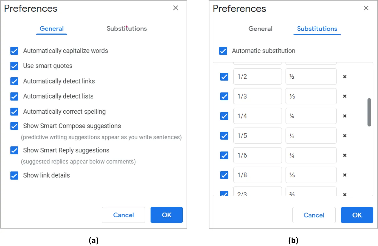 (a) General tab in Preferences window displays options including: Automatically capitalize words, Use smart quotes, Automatically detect links, etc. (b) Substitutions tab in Preferences window displays options including: Automatic substitution, fraction options.