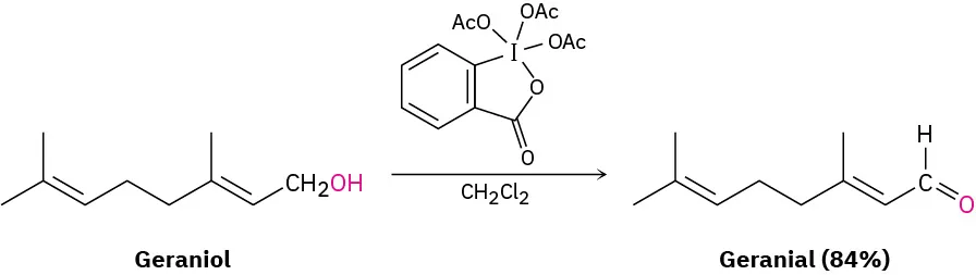 E-3,7-dimethyloxta-2,6-dien-1-ol (geraniol) reacts with Dess-Martin periodinane reagent in the presence of dichloromethane to produce E-3,7-dimethyloxta-2,6-dienal (geranial), 84%.