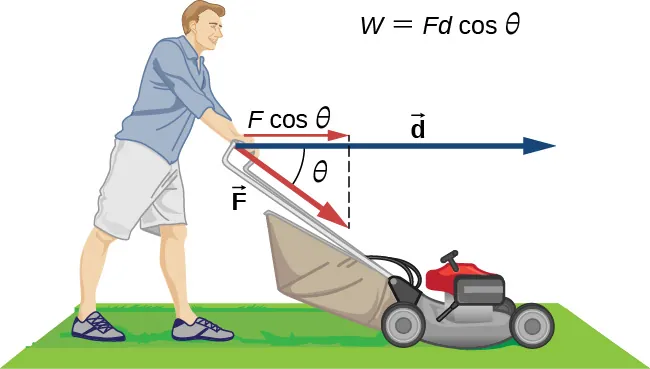 Una persona empuja un cortacésped con una fuerza F. La fuerza se representa con un vector paralelo al mango del cortacésped, formando un ángulo theta por debajo de la horizontal. La distancia recorrida por el cortacésped está representada por el vector horizontal d. El componente horizontal del vector F a lo largo del vector d es F coseno de theta. El trabajo que realiza la persona, W, es igual a F d coseno de theta.
