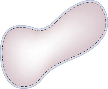 Rysunek przedstawia nieregularny kształt. Linia przerywana jest narysowana od wewnątrz wzdłuż krawędzi kształtu.