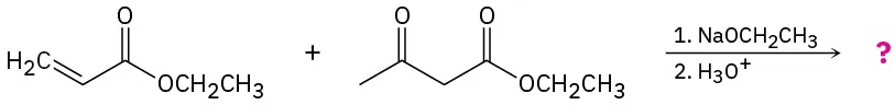 Ethyl acrylate reacts with ethyl 3-oxobutanoate in the presence of sodium ethoxide, then hydronium ion to form an unknown product.