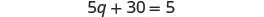 A mathematical equation is displayed, showing '5q + 30 = 5' in the center of a white background. The numbers and symbols are in a dark gray font.