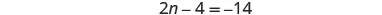 A mathematical equation is displayed against a white background, which reads '2n - 4 = -14'.