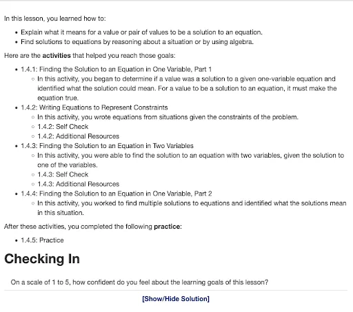 A screenshot of the Student Lesson Summary page lists the learning targets for the lesson along with each activity and a summary of what happened in the activities. The last part of the Summary includes a chance for Checking In where students reflect on their learning by responding to how confident they feel about their mastery of the lesson using a 5-point scale.