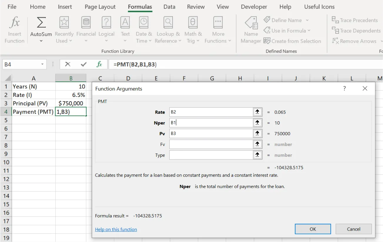 Cell B4 is selected in the spreadsheet; =PMT(B2,B1,B3) is in the formula bar. Function Arguments pane displays PMT: Rate (B2=0.065), Nper (B1=10), Pv B3=750000), Fv (=number), and Type (=number). Formula result= -104328.5175.