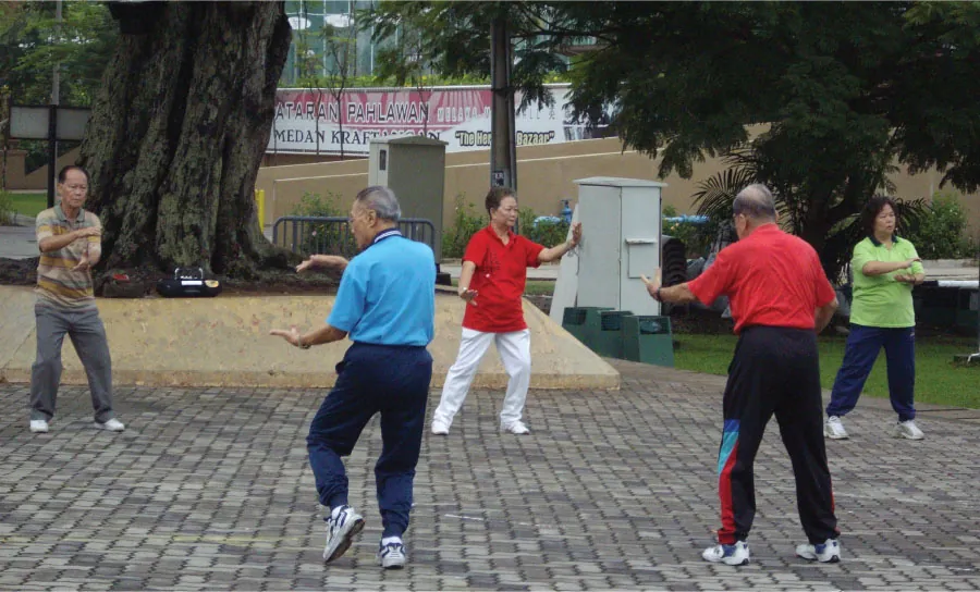 A group of older adults are practicing tai chi outside.